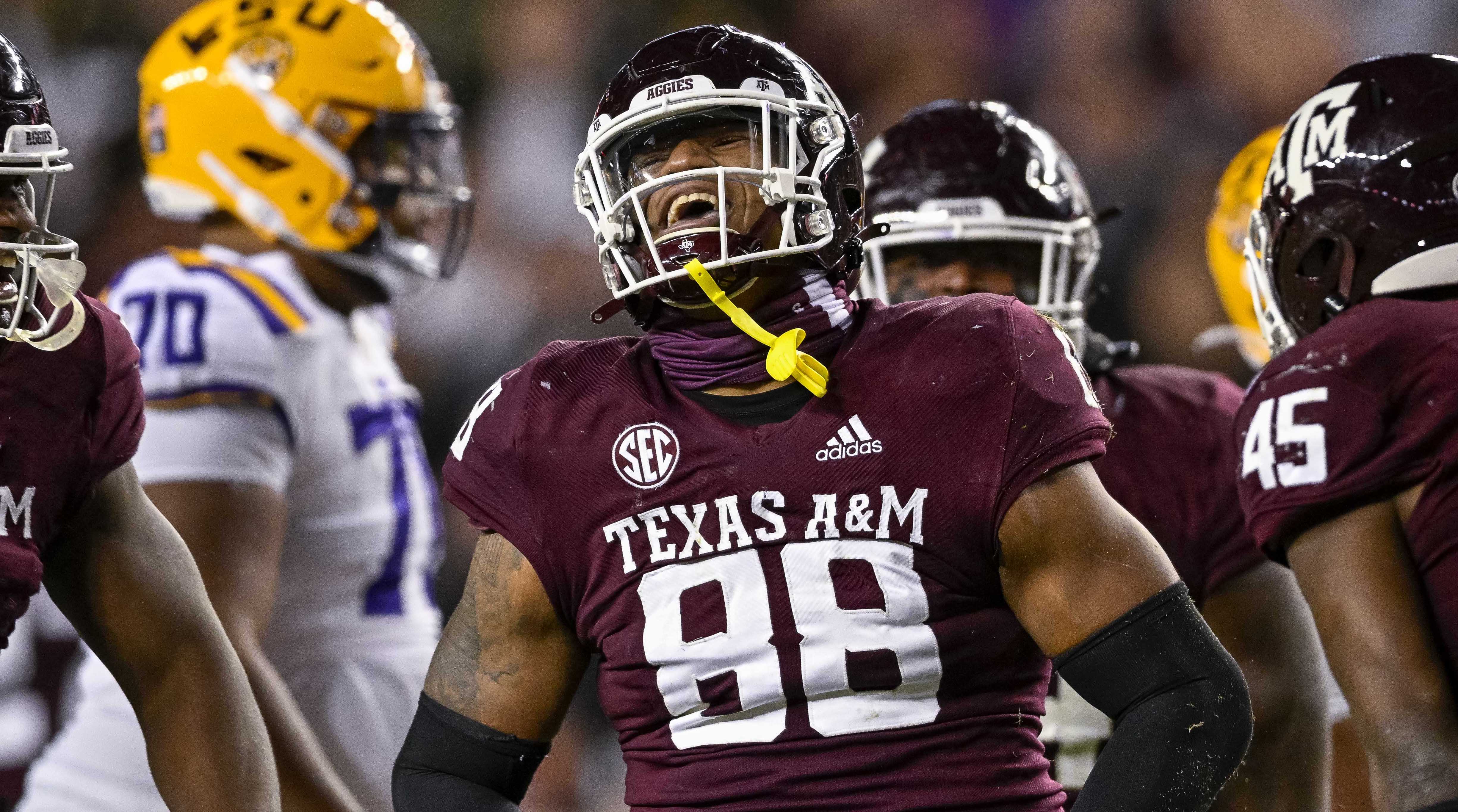Texas A&M defensive lineman Walter Nolen celebrates a big plan
